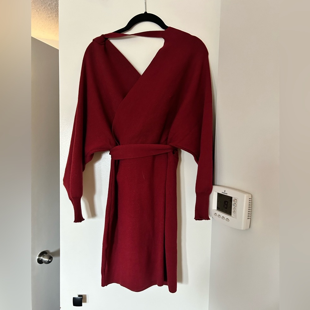 Small Red long sleeve wrap sweater dress